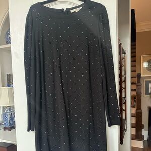 LOFT Black long sleeve dress with gold beads, shift style, puffed sleeve